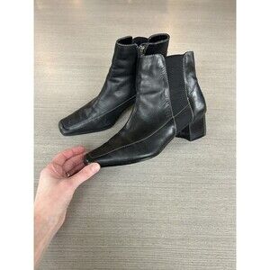 Anne Klein Black Leather Ankle Zip Booties Square Toe 6.5